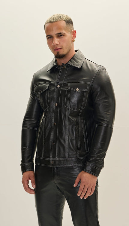 Genuine Leather Shirt Jacket - Black - Ron Tomson