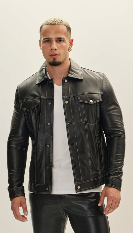 Genuine Leather Shirt Jacket - Black - Ron Tomson