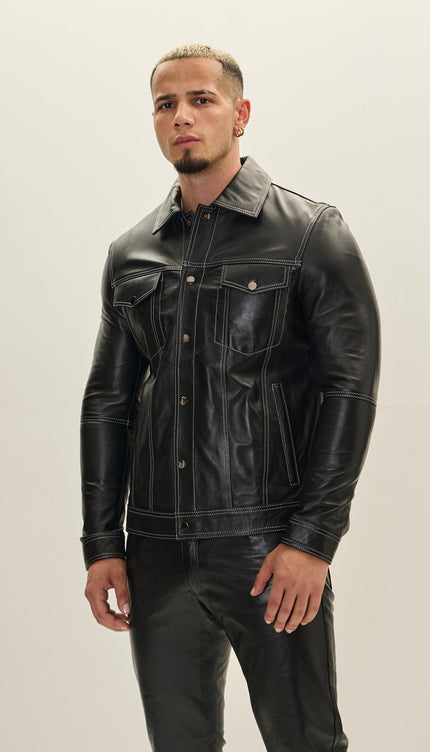 Genuine Leather Shirt Jacket - Black - Ron Tomson