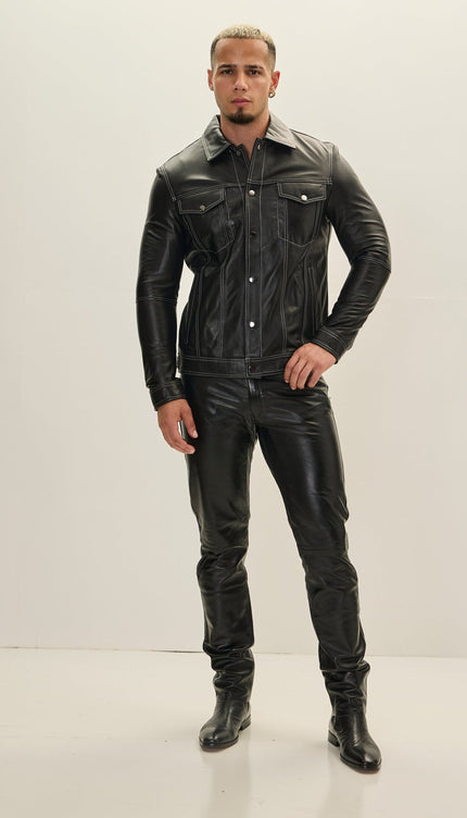 Genuine Leather Shirt Jacket - Black - Ron Tomson