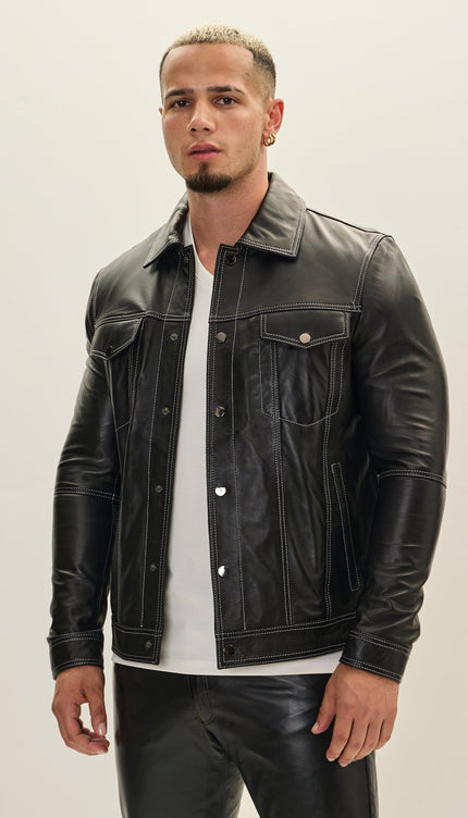 Genuine Leather Shirt Jacket - Black - Ron Tomson