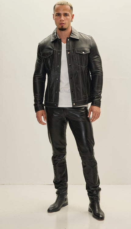 Genuine Leather Shirt Jacket - Black - Ron Tomson