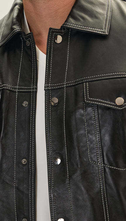 Genuine Leather Shirt Jacket - Black - Ron Tomson