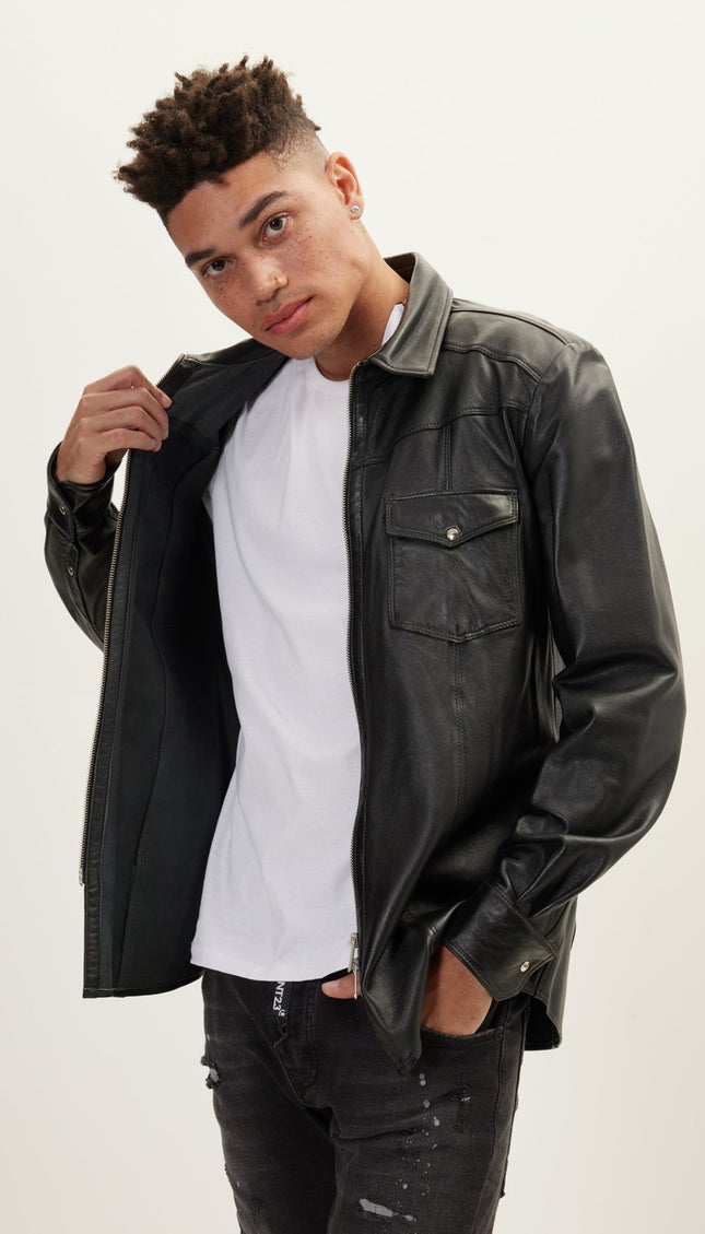 Genuine Leather Shirt With Zipper Closure - Black - Ron Tomson