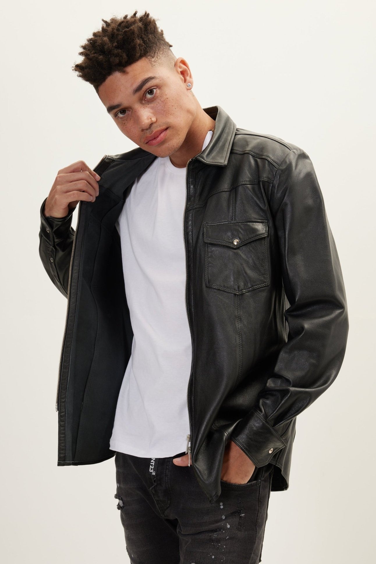 Genuine Leather Shirt With Zipper Closure - Black - Ron Tomson