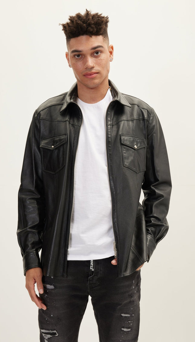 Genuine Leather Shirt With Zipper Closure - Black - Ron Tomson
