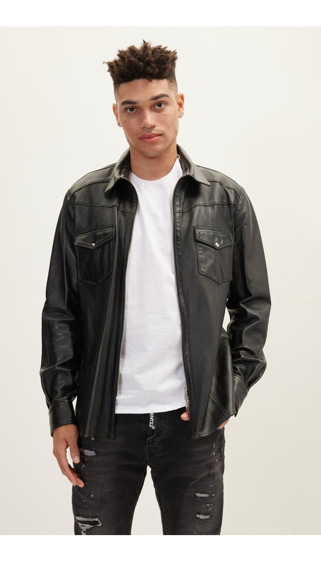Genuine Leather Shirt With Zipper Closure - Black - Ron Tomson