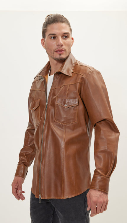 Genuine Leather Shirt With Zipper Closure - Brown - Ron Tomson