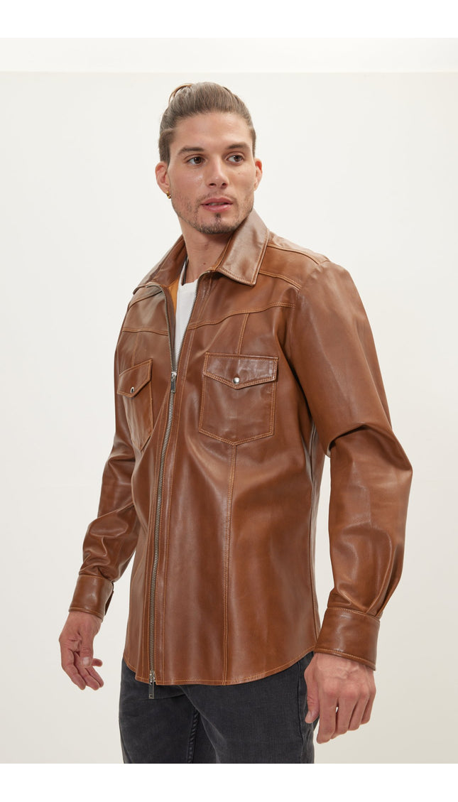 Genuine Leather Shirt With Zipper Closure - Brown - Ron Tomson