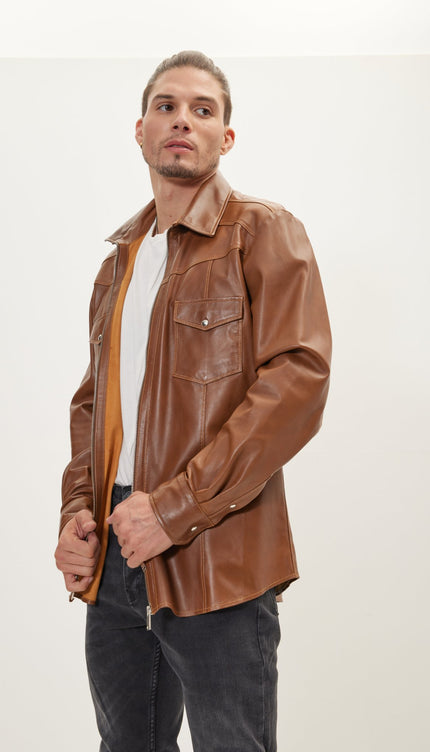 Genuine Leather Shirt With Zipper Closure - Brown - Ron Tomson