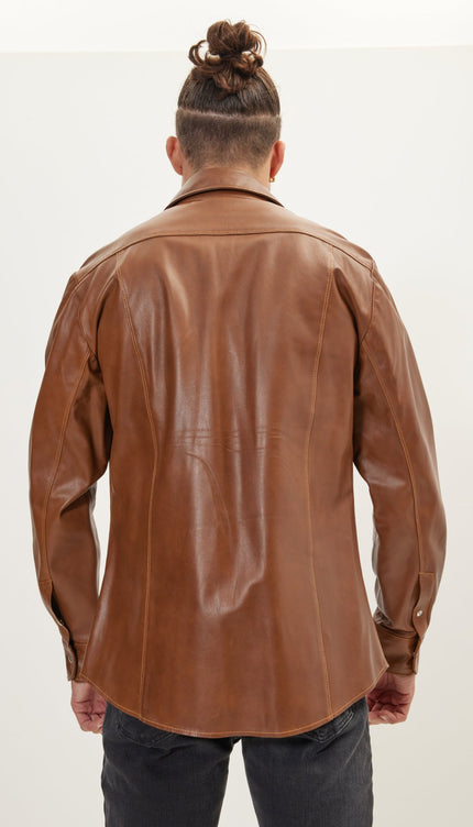 Genuine Leather Shirt With Zipper Closure - Brown - Ron Tomson