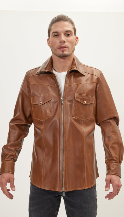 Genuine Leather Shirt With Zipper Closure - Brown - Ron Tomson