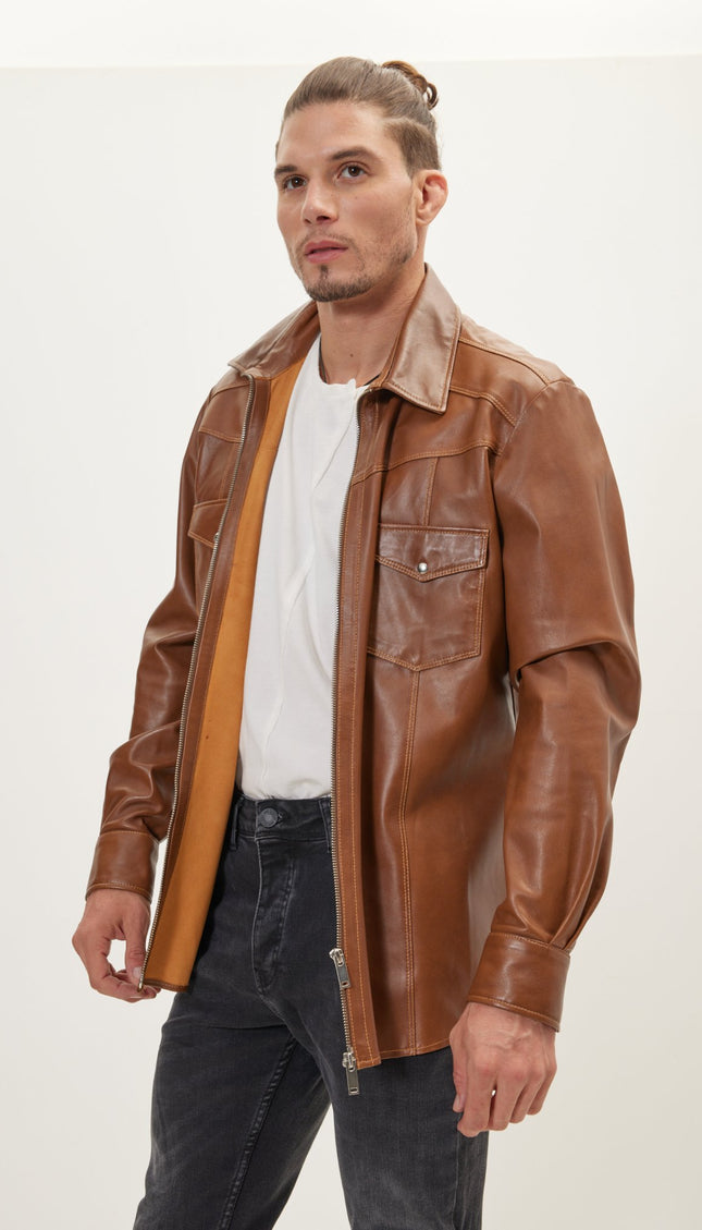 Genuine Leather Shirt With Zipper Closure - Brown - Ron Tomson