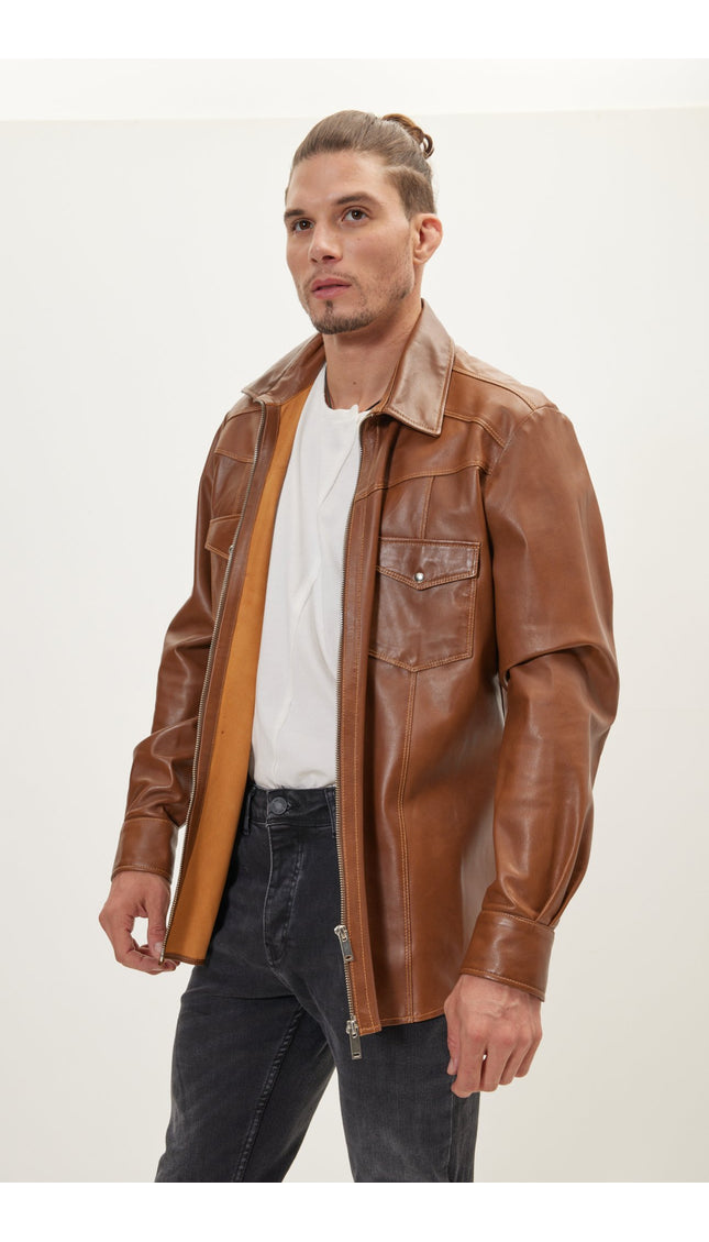 Genuine Leather Shirt With Zipper Closure - Brown - Ron Tomson