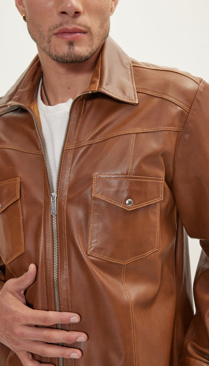 Genuine Leather Shirt With Zipper Closure - Brown - Ron Tomson