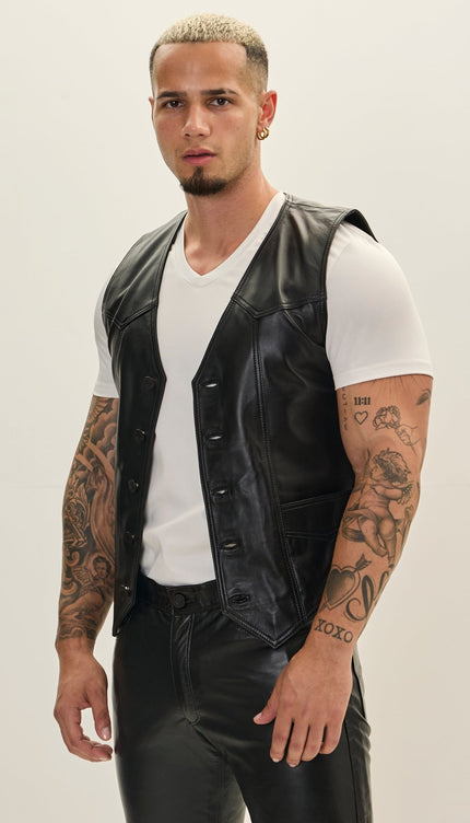Genuine Leather Vest - Black - Ron Tomson