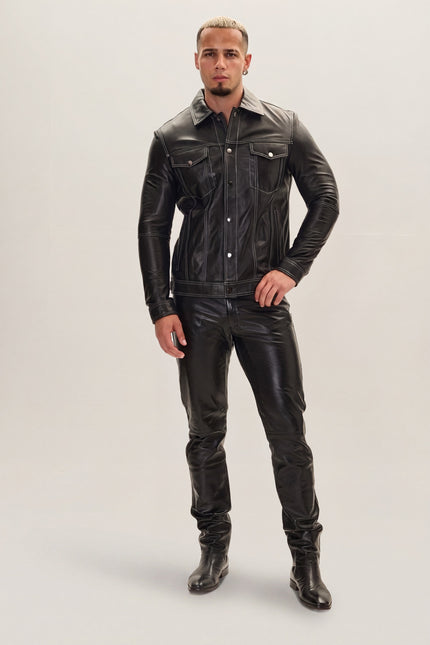 Lambskin Leather Shirt Jacket - Black