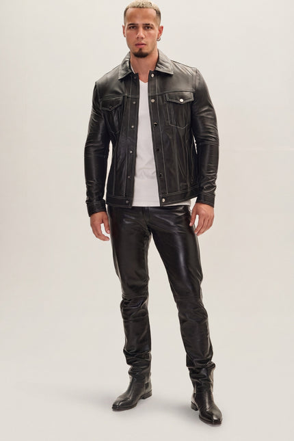 Lambskin Leather Shirt Jacket - Black