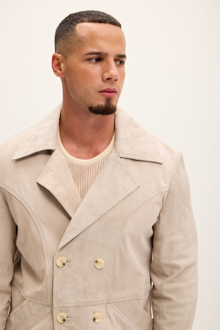 Men's Genuine Suede Leather Bond Coat - Stone - Ron Tomson Leather