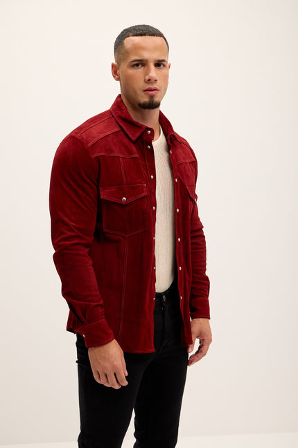 Men's Genuine Suede Leather Fitted Shirt - Cherry Red - Ron Tomson Leather