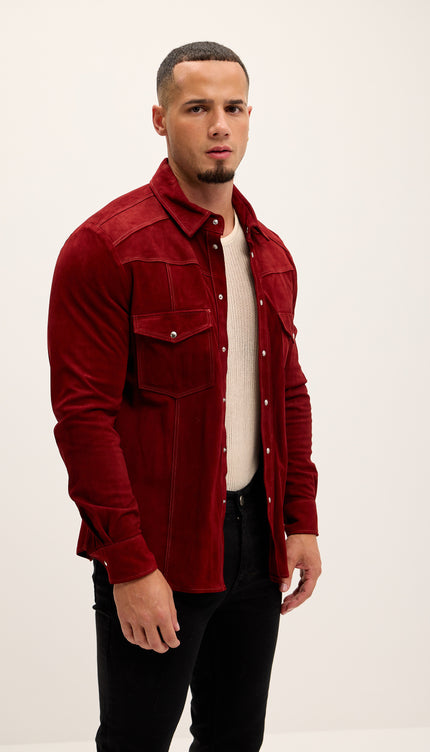 Genuine Suede Leather Fitted Shirt - Cherry Red - Ron Tomson