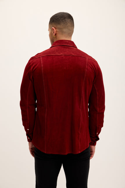 Men's Genuine Suede Leather Fitted Shirt - Cherry Red - Ron Tomson Leather