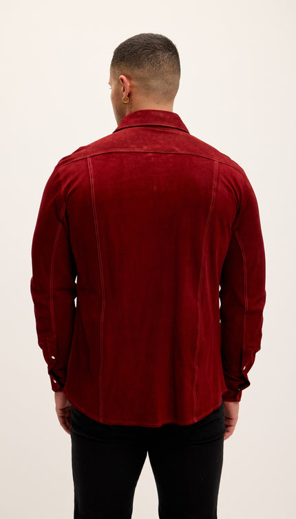 Genuine Suede Leather Fitted Shirt - Cherry Red - Ron Tomson