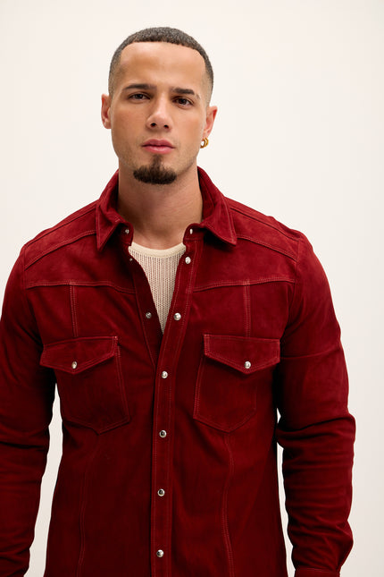 Men's Genuine Suede Leather Fitted Shirt - Cherry Red - Ron Tomson Leather