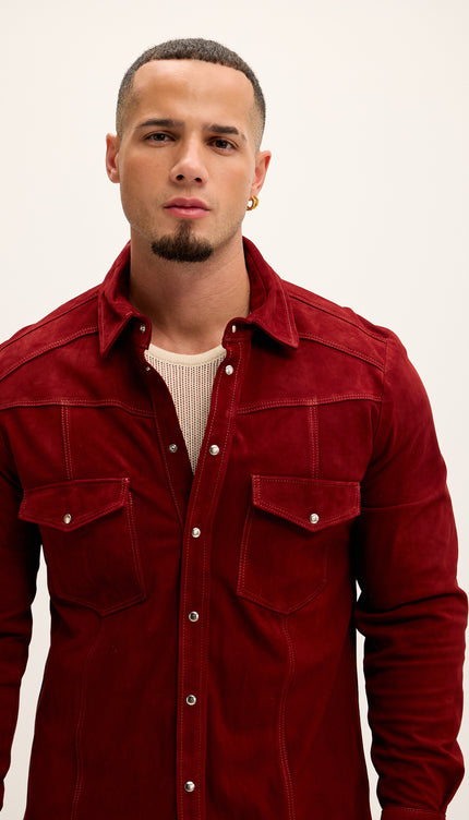 Genuine Suede Leather Fitted Shirt - Cherry Red - Ron Tomson