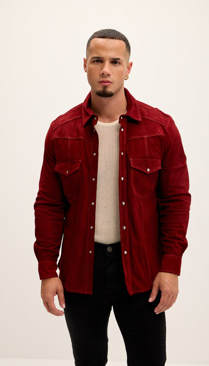 Genuine Suede Leather Fitted Shirt - Cherry Red - Ron Tomson