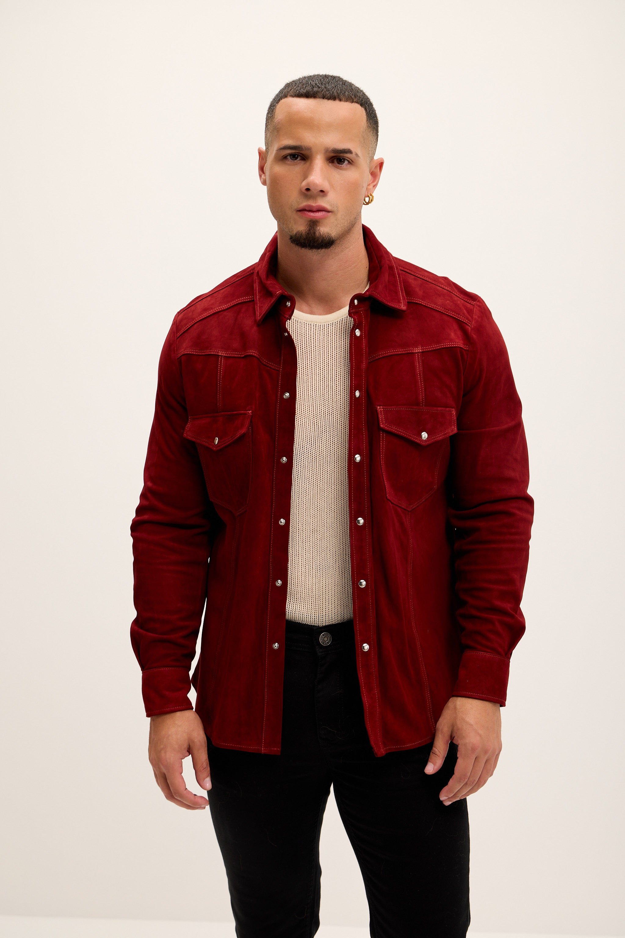 Men's Fitted Lambskin Suede Shirt - Cherry Red | Ron Tomson Men's Fitted Lambskin Suede Shirt - Cherry Red | Ron Tomson