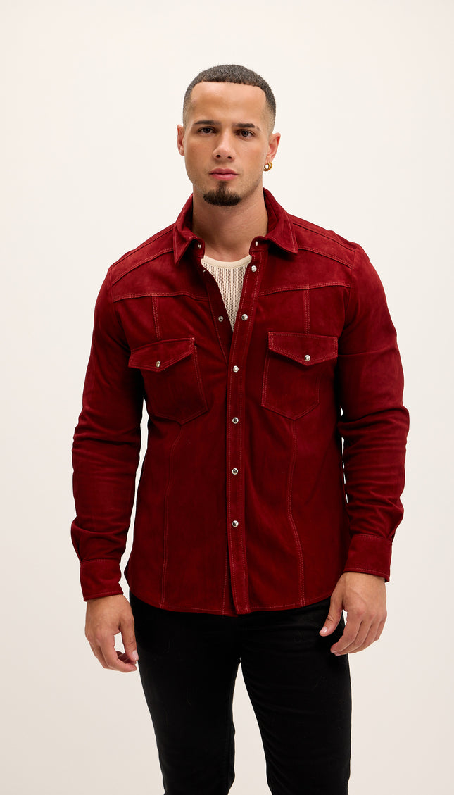 Genuine Suede Leather Fitted Shirt - Cherry Red - Ron Tomson
