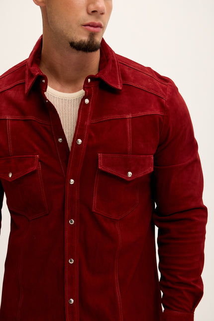 Men's Genuine Suede Leather Fitted Shirt - Cherry Red - Ron Tomson Leather