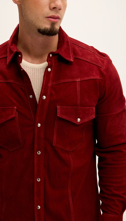 Genuine Suede Leather Fitted Shirt - Cherry Red - Ron Tomson