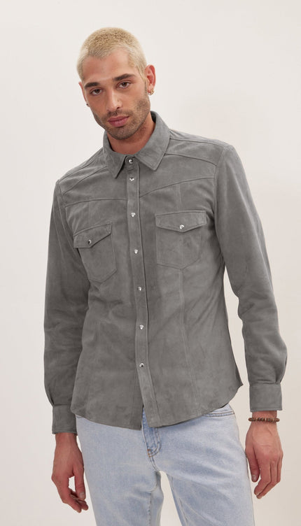 Genuine Suede Leather Fitted Shirt - Grey - Ron Tomson