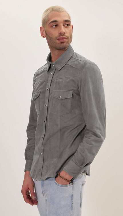 Genuine Suede Leather Fitted Shirt - Grey - Ron Tomson