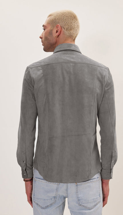 Genuine Suede Leather Fitted Shirt - Grey - Ron Tomson