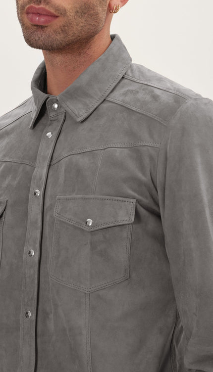 Genuine Suede Leather Fitted Shirt - Grey - Ron Tomson