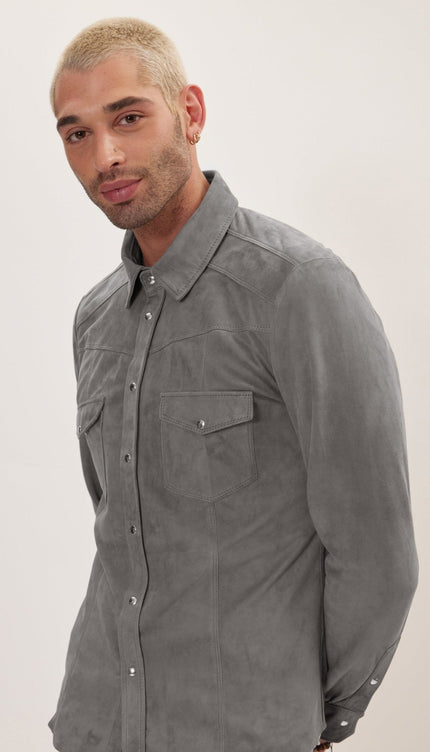 Genuine Suede Leather Fitted Shirt - Grey - Ron Tomson