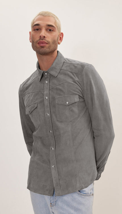 Genuine Suede Leather Fitted Shirt - Grey - Ron Tomson