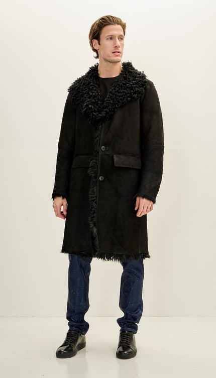 Genuine Suede Overcoat with Shearling Lining - BLACK - Ron Tomson