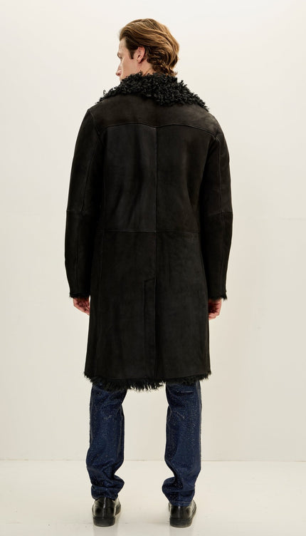 Genuine Suede Overcoat with Shearling Lining - BLACK - Ron Tomson