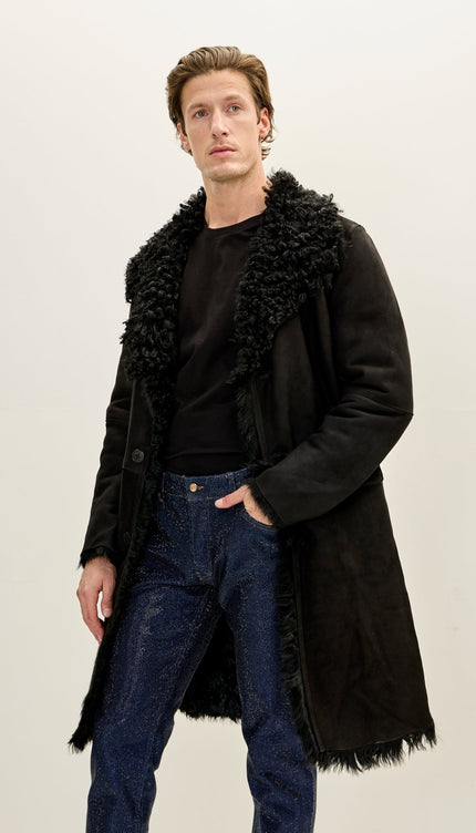 Genuine Suede Overcoat with Shearling Lining - BLACK - Ron Tomson