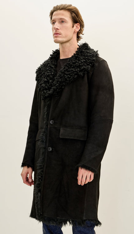 Genuine Suede Overcoat with Shearling Lining - BLACK - Ron Tomson