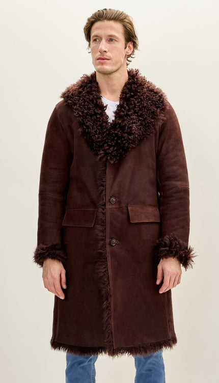 Genuine Suede Overcoat with Shearling Lining - Brown - Ron Tomson