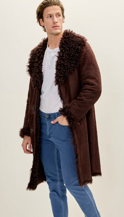 Genuine Suede Overcoat with Shearling Lining - Brown - Ron Tomson