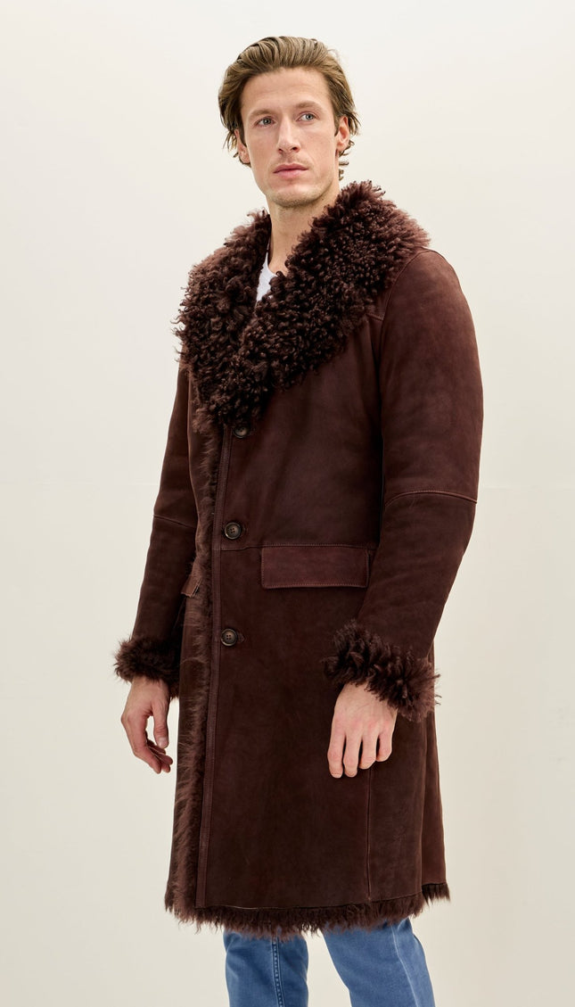 Genuine Suede Overcoat with Shearling Lining - Brown - Ron Tomson