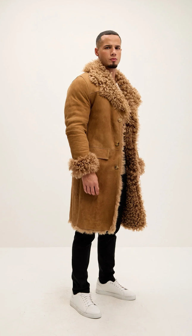 Men's Genuine Suede Overcoat with Shearling Lining - Camel - Ron Tomson Leather