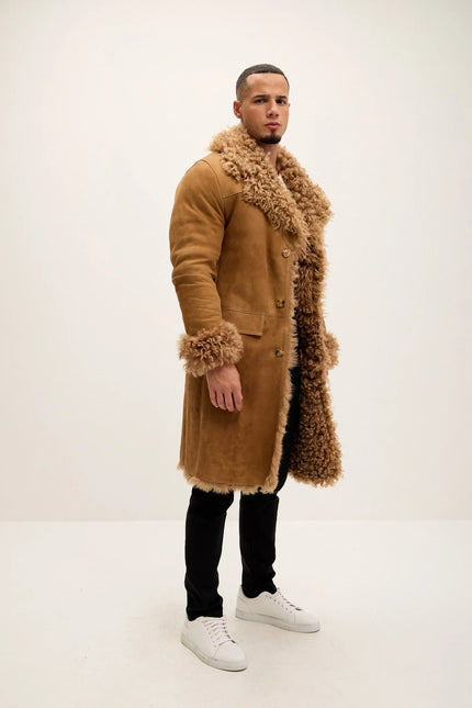 Men's Genuine Suede Overcoat with Shearling Lining - Camel - Ron Tomson Leather