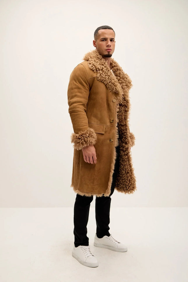 Men's Genuine Suede Overcoat with Shearling Lining - Camel - Ron Tomson Leather